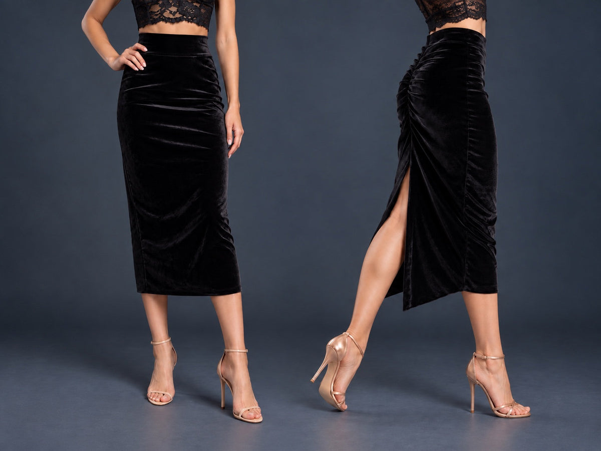 Women’s black velvet tango skirt with a fitted midi silhouette, wide waistband, gathered back, back slit and distinctive swallowtail hem, shown from front and side views.