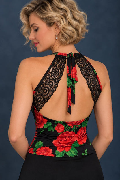 Back view of women’s tango top with an open lace back, adjustable ties, wide shoulder straps, and fitted jersey waist.