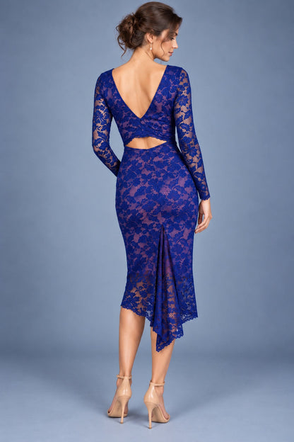 Blue lace tango dress with deep V-back, open waist detail and flowing sheer lace train, back view.