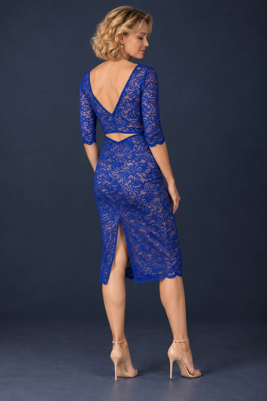 Blue lace tango dress with salmon pink lining, deep V-back, open-waist detail and back skirt slit, rear view.