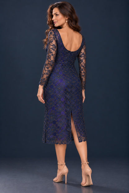 Navy blue lace tango dress with gold embroidery, deep rounded bra-friendly back, sheer long sleeves and back skirt slit, rear view.