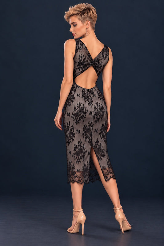 Black Chantilly lace tango dress with grey lining, open back with twisted lace detail, central back slit and scalloped hem, rear view.
