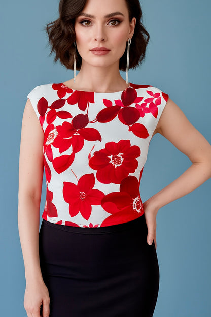 Red-and-white floral tango top with open back
