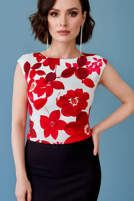 Red-and-white floral tango top with open back