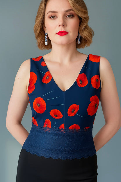 Navy viscose tango top with red poppies - one of a kind