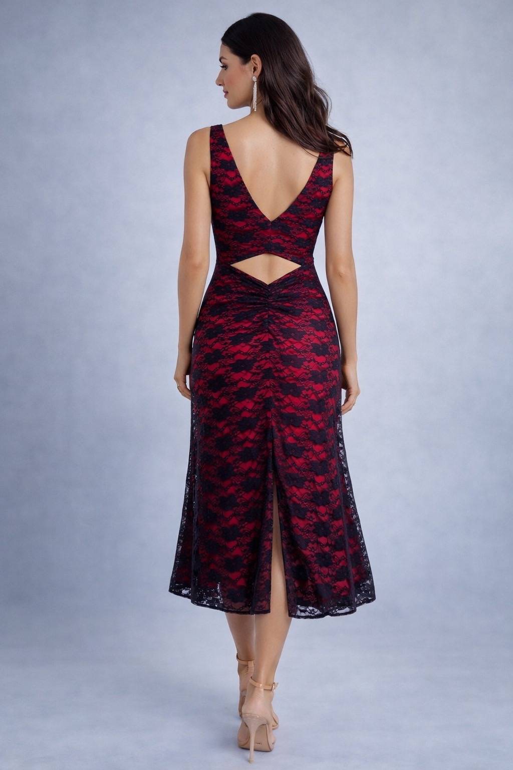 Black lace tango dress with bold red lining and back cut-out