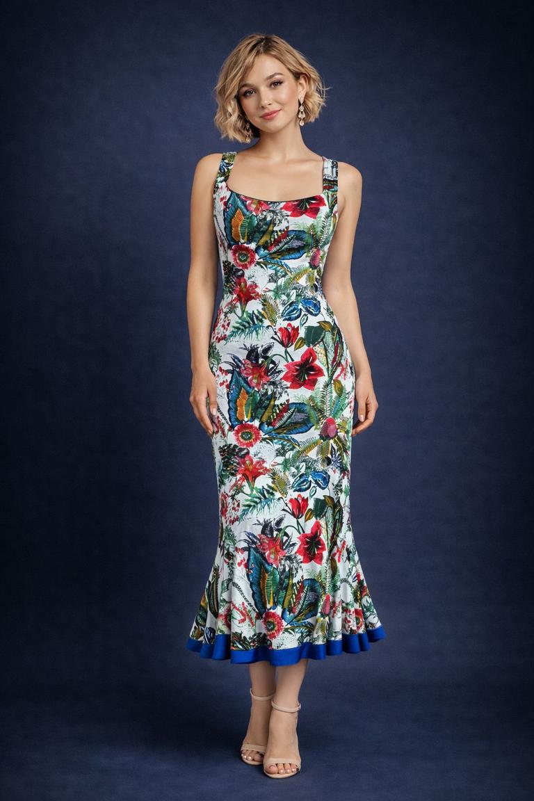 Floral Tango Dress with Flared Hem and Straps