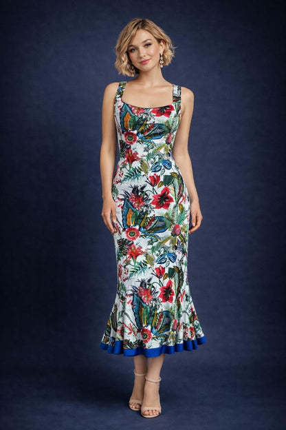 Floral Tango Dress with Flared Hem and Straps