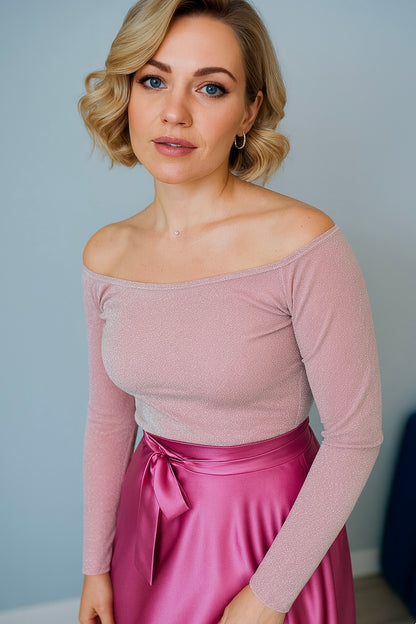 Pink off-shoulder shimmer tango top with long sleeves