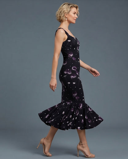Midnight Floral Tango Dress with Flared Hem