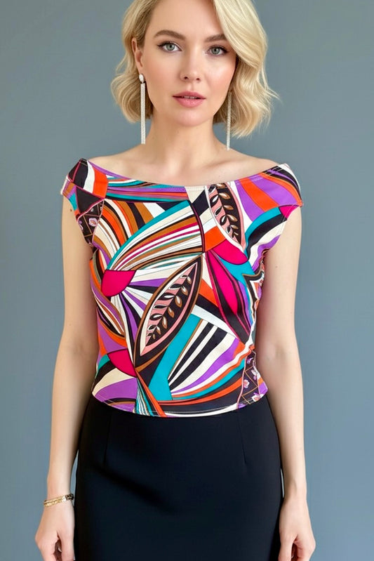 Vibrant printed jersey top with semi-open back