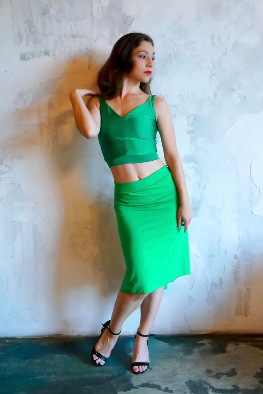 Vibrant green tango skirt with shimmering fishtail