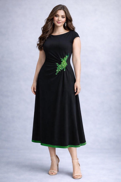 Exclusive black and green double-layered jersey tango dress with waist embroidery
