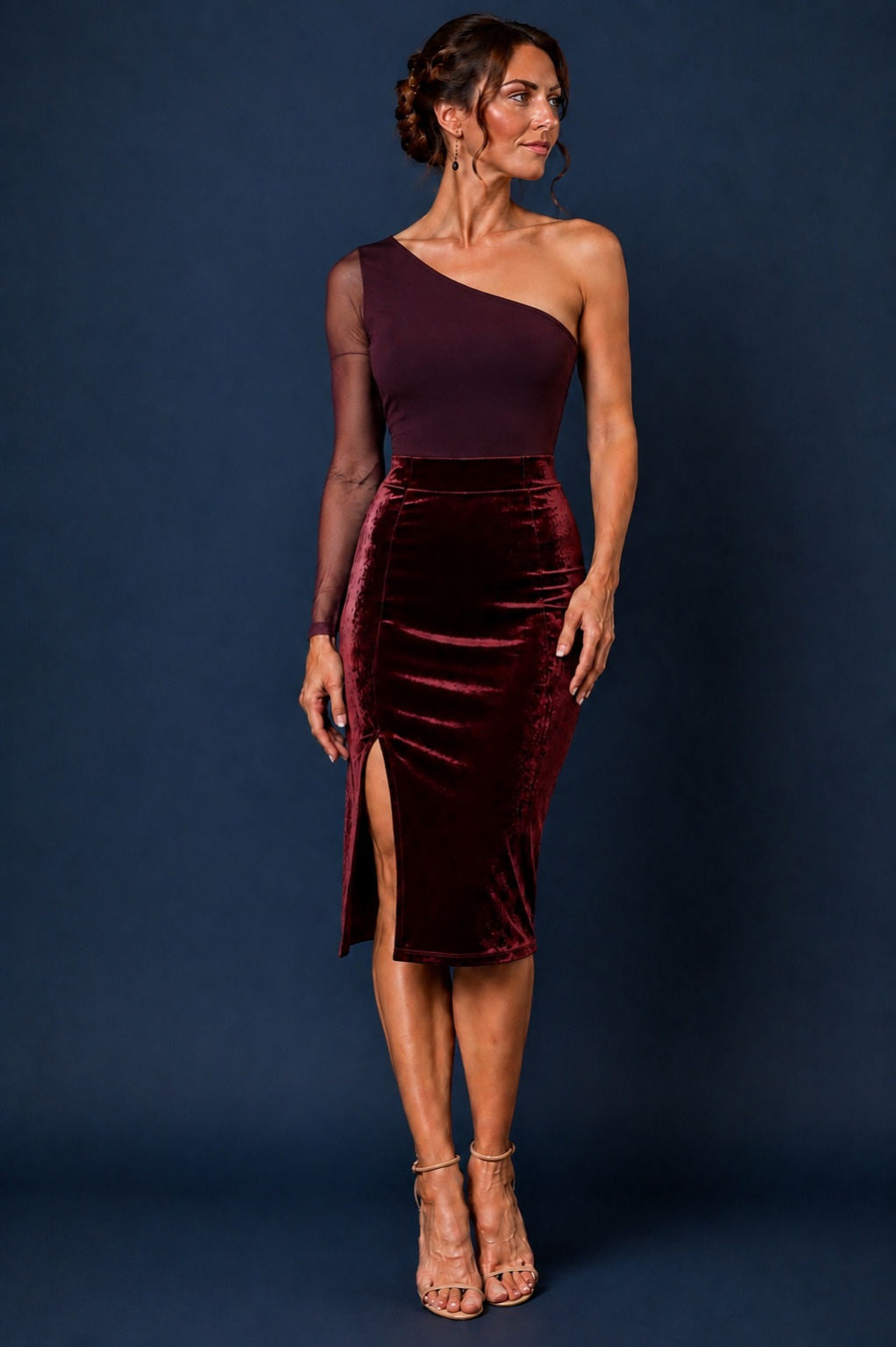Asymmetrical tango top with sheer sleeve