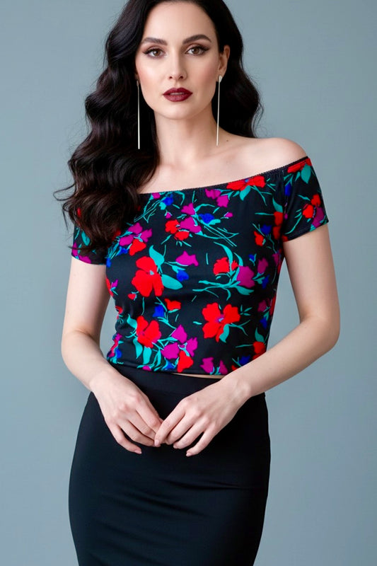 Floral viscose tango top with off-shoulder design