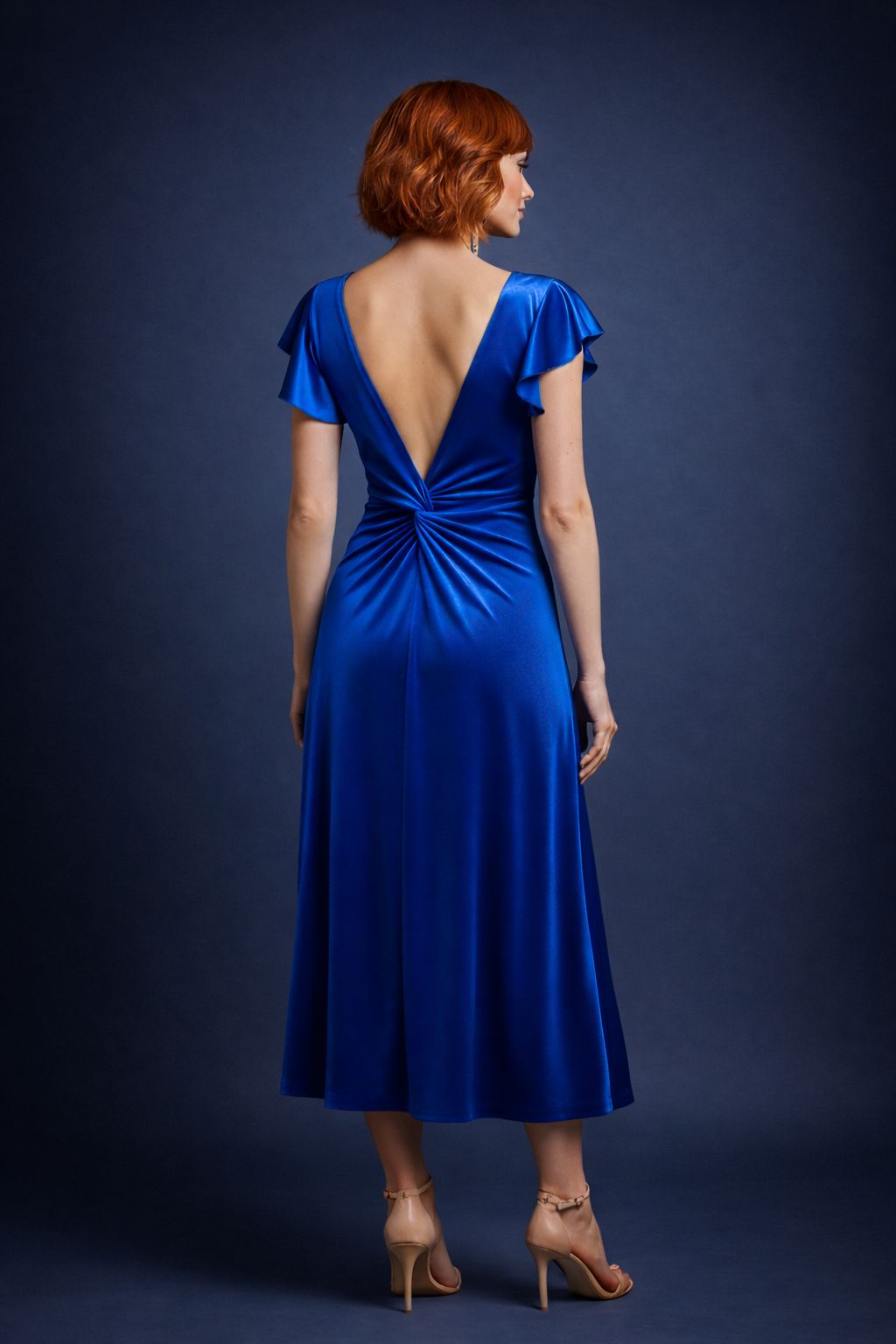 Blue Velvet Tango Dress with Ruffled Sleeves and Open Back
