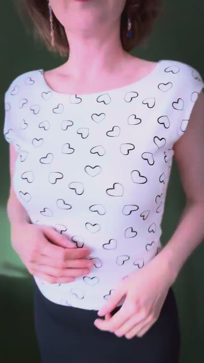 White viscose tango top with heart print - one of a kind