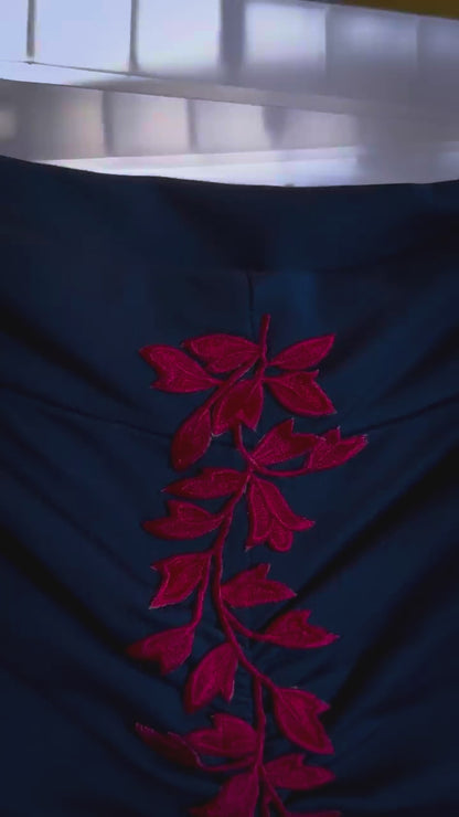 Blue jersey tango skirt with tail and red embroidery