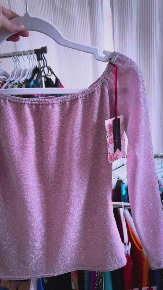 Pink off-shoulder shimmer tango top with long sleeves