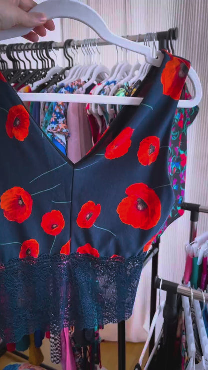 Navy viscose tango top with red poppies - one of a kind