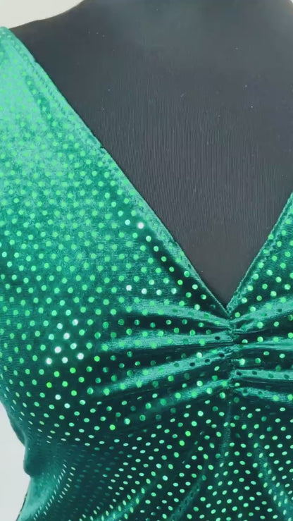 Emerald green velvet tango dress with deep V-neckline