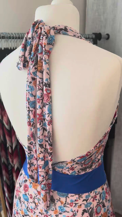 Delicate silky tango dress with contrasting blue waistband