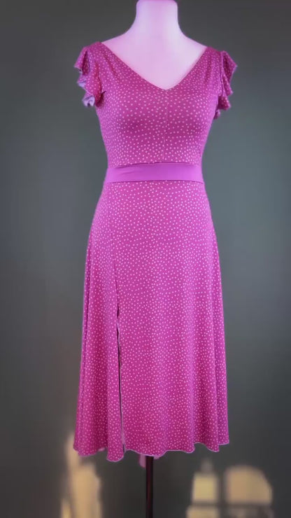 Stretch jersey tango dress with flutter sleeves and waist belt