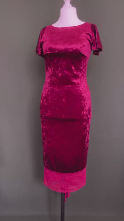 Deep burgundy velvet tango dress with flutter sleeves and open back