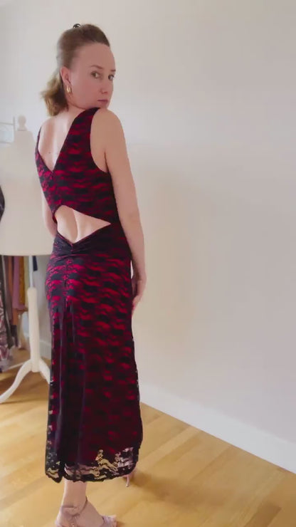 Black lace tango dress with bold red lining and back cut-out