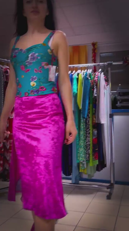 Striking velvet tango skirt with front slit and double chiffon tail