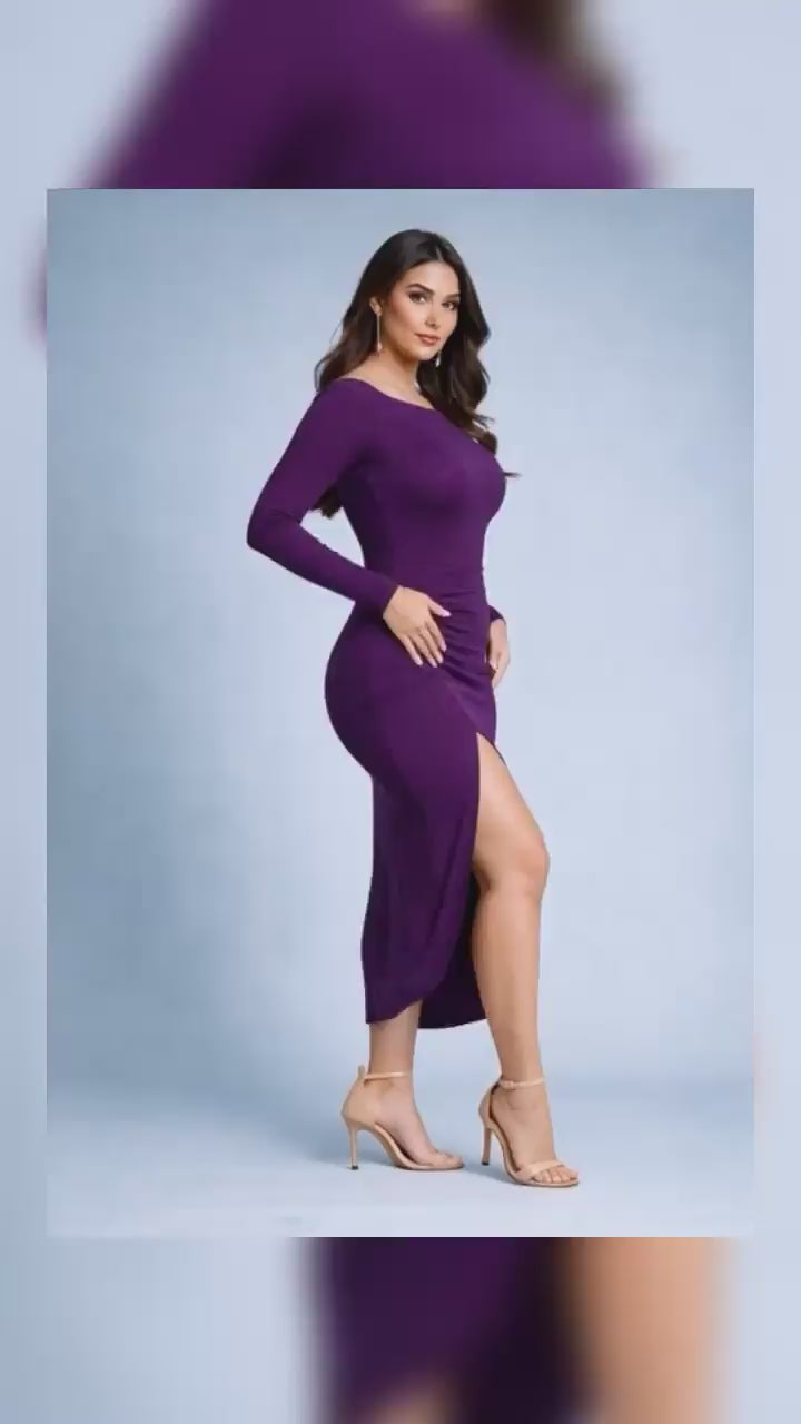 Video of a woman wearing a purple long-sleeved tango dress