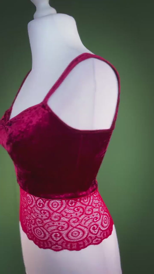 Red velvet tango top with wide lace hem
