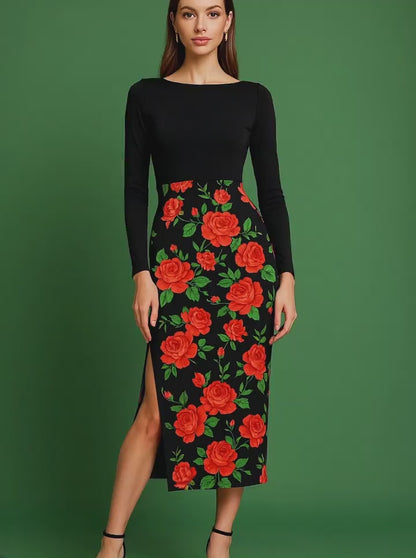 Passionate jersey dress with vibrant rose print and dramatic tail