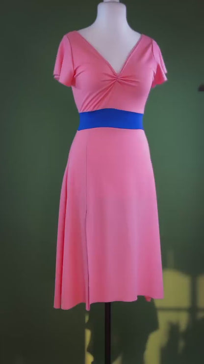 Coral tango dress with flutter sleeves and blue waistband