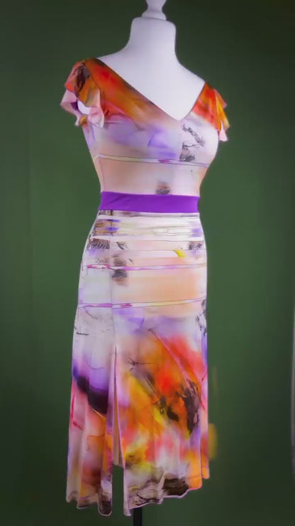 Stretch jersey tango dress with flutter sleeves and flowing skirt