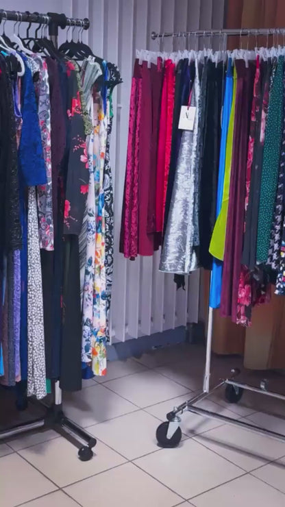 Woman wearing a blue velvet tango dress