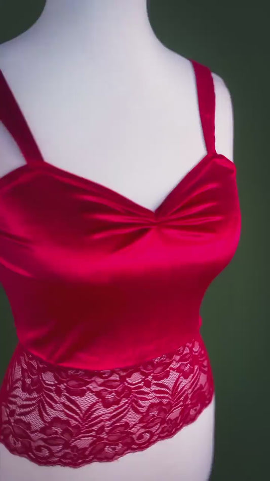 Red velvet tango top with lace hem - one of a kind