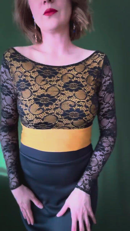 Navy lace tango top with golden accents - one of a kind