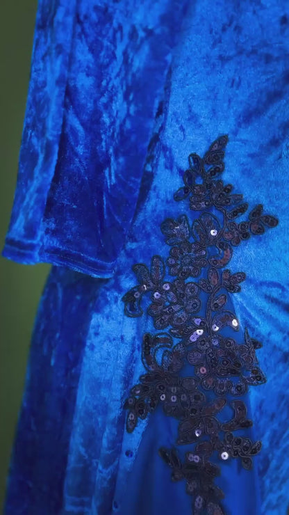 Luxurious velvet tango dress with chiffon drapes and embroidery