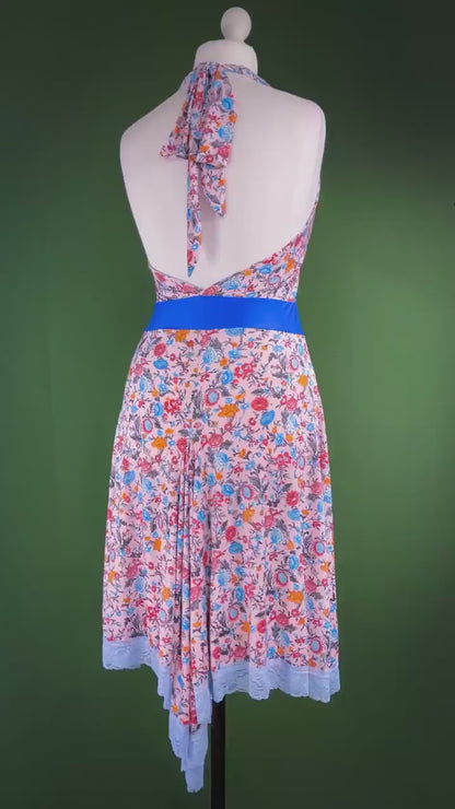 Delicate silky tango dress with contrasting blue waistband