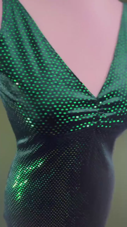 Emerald green velvet tango dress with deep V-neckline