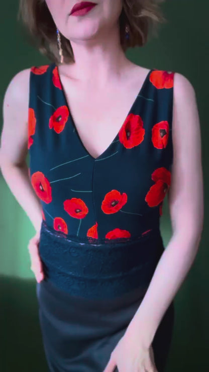 Navy viscose tango top with red poppies - one of a kind