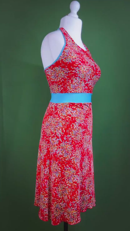 Turquoise-accented tango dress with flowing A-line silhouette