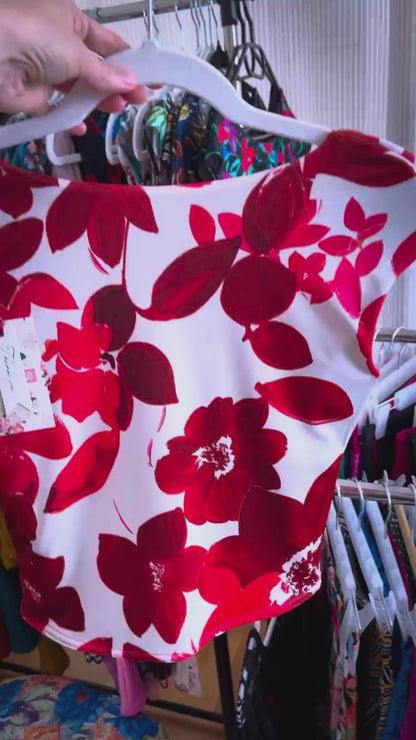 Red-and-white floral tango top with open back