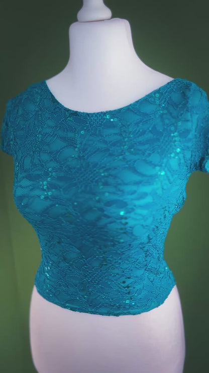 Shimmering lace tango top with open back