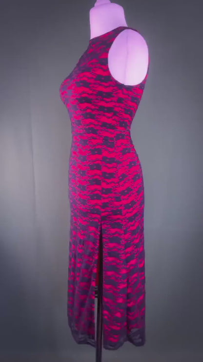 Black lace tango dress with bold red lining and back cut-out