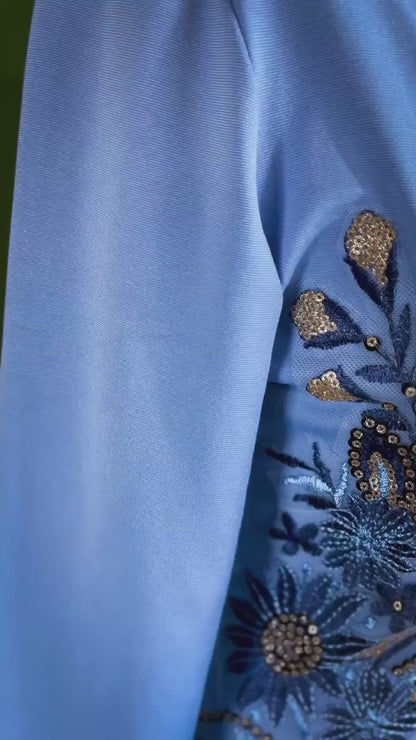 Blue jersey tango dress with sparkling embroidery