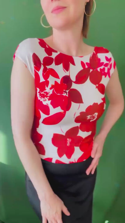 Red-and-white floral tango top with open back