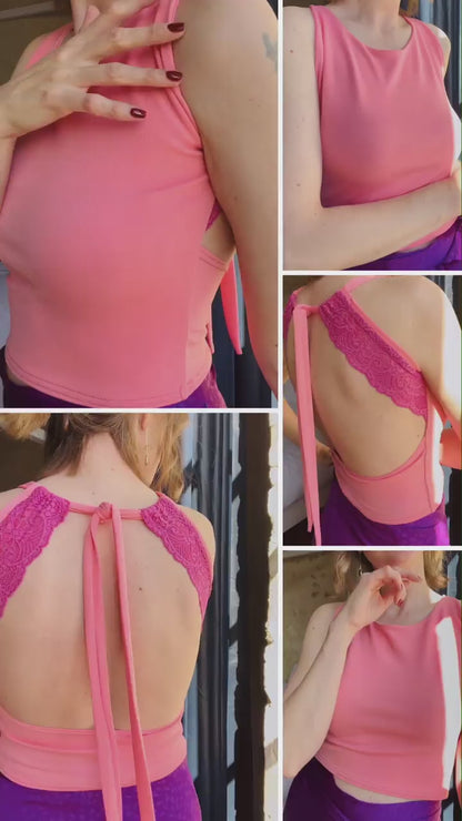 Elegant pink stretch tango top with adjustable tie-neck and lace details