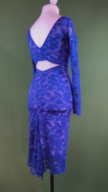 Royal blue lace tango dress with fishtail back